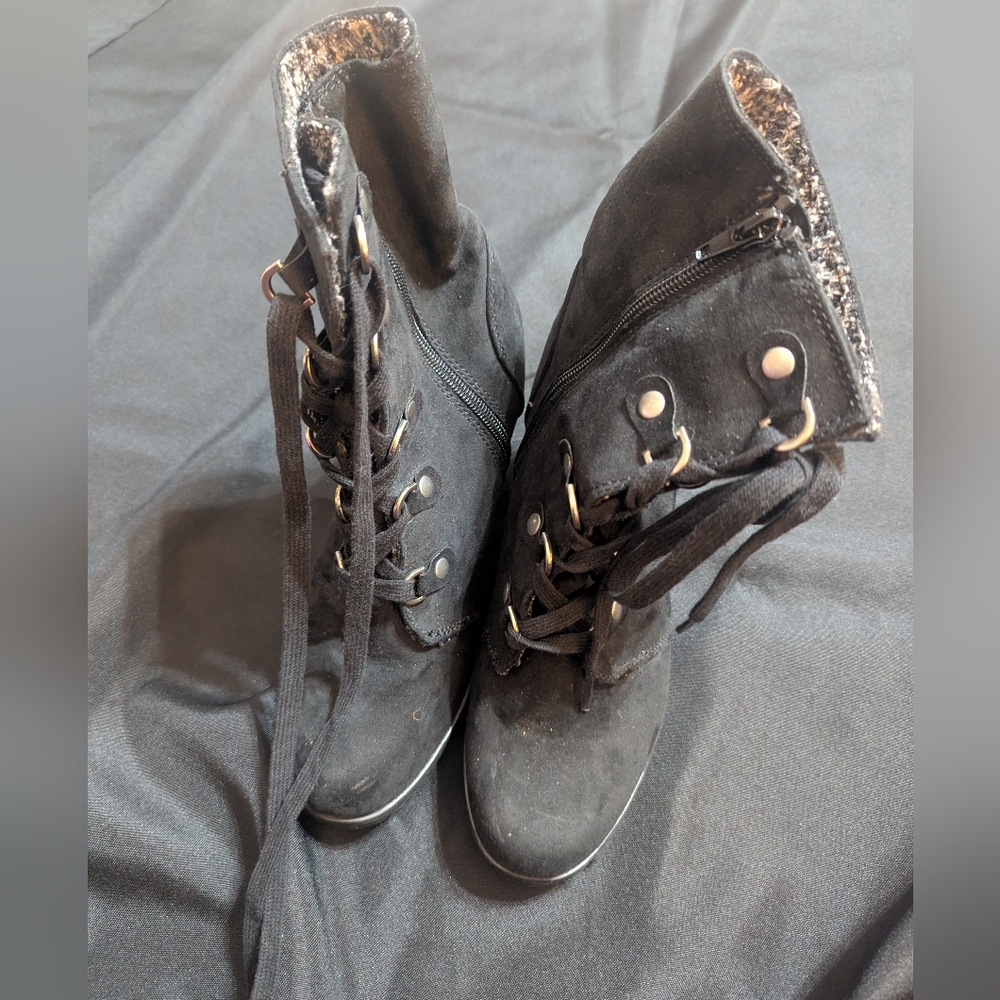 JustFab Black Lace-Up Boots with Fur Lining